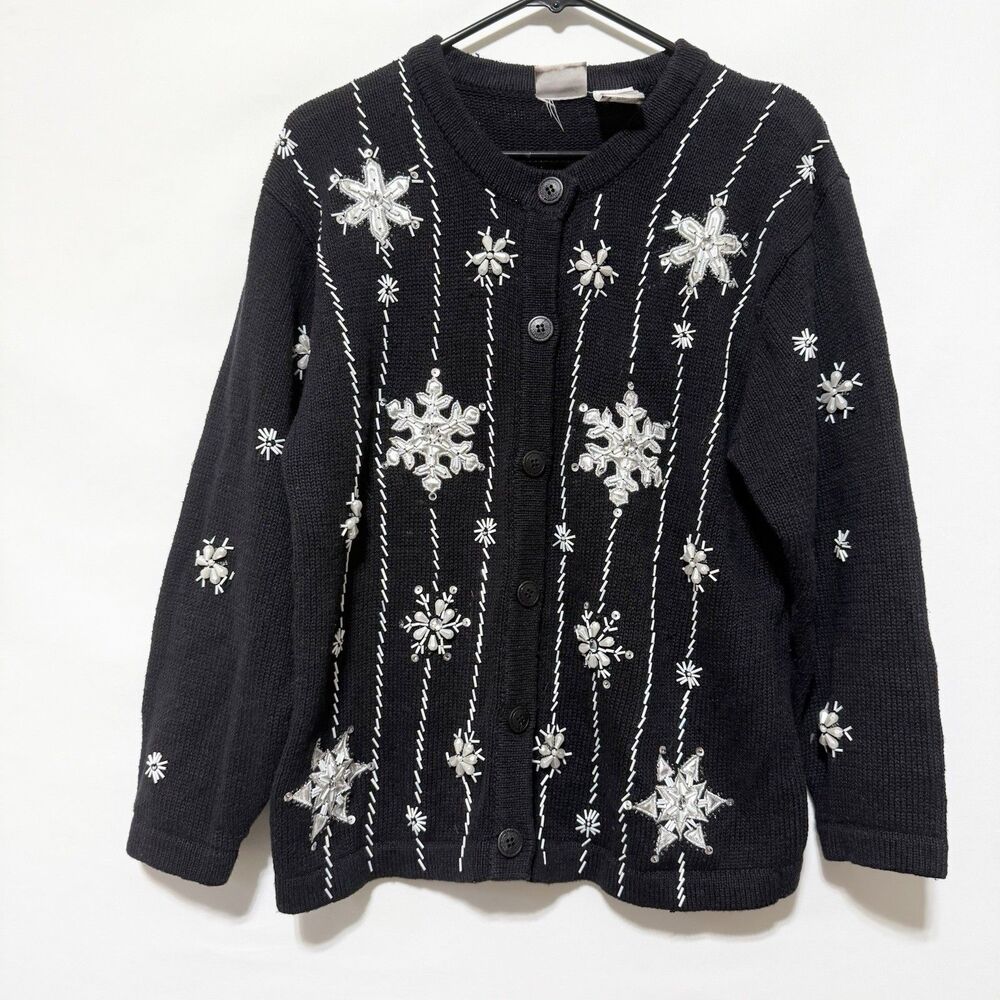 Bobbie Brooks Women L Black Snowflake Cardigan Sweater Beaded Christmas Holiday